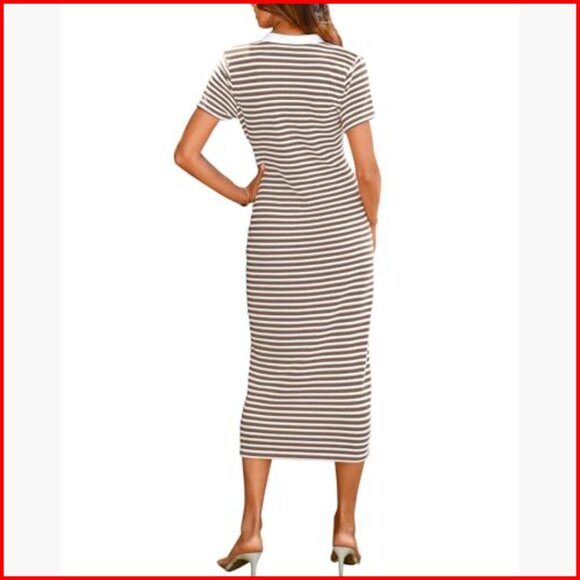 Ribbed Knit Midi Dress Short Sleeve V-Neck Casual Party Wear - Picture 2 of 7